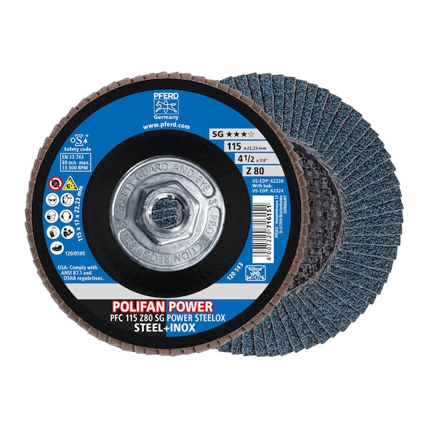 Pferd 4-1/2" x 5/8-11 Thd. POLIFAN Flap Disc - Z SG POWER STEELOX, Zirconia, 80 Grit, Conical 62324 - main